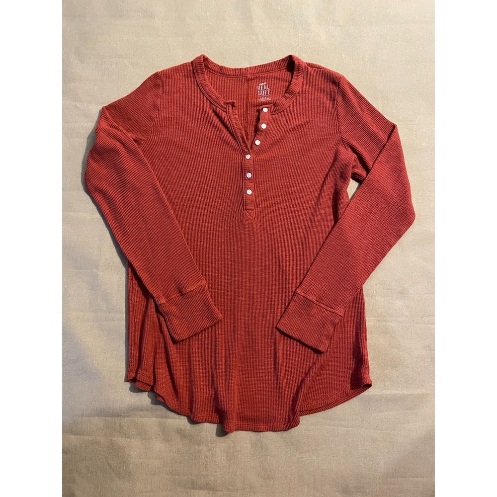 Aerie Real Soft Henley Waffle Size Large Rust Preppy Y2K Loungewear Gorpcore